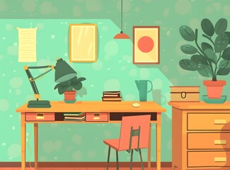 Poster - Green Walls Home Office Workspace Desk Illustration