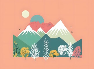 Wall Mural - Minimalist Mountain Landscape Illustration With Pink Sky