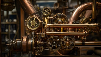 Intricate machinery steampunk-inspired workshop gears brass instruments vintage industrial copper tones