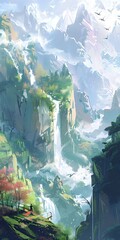 Poster - Fantasy Mountain Landscape with Waterfall and Birds