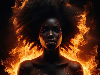 Poster - abstract 3d background with a black woman on black background, A scary black woman's face logo in the fire on a white background. A magical creature made of fire