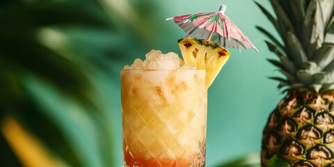 Wall Mural - Pineapple juice, ice, umbrella, drink, tropical.