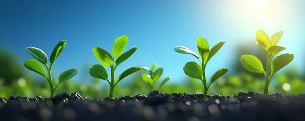 Young green plants growing in soil under a bright blue sky.