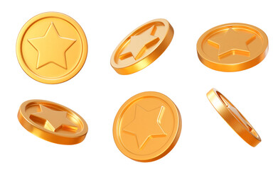 Wall Mural - 3d set realistic golden star coins with different angles. stock vector illustration on isolated back