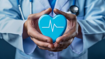 Doctor Holding a Blue Heart with Heartbeat Symbol - Healthcare Concept