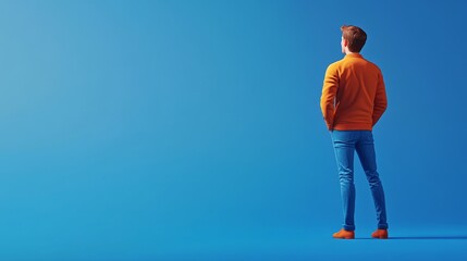 A man in an orange shirt and blue jeans stands against a blue background, looking up at the sky.  He is lost in thought, contemplating the future.