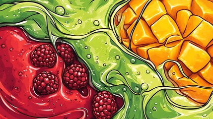 Wall Mural - Abstract Food Background with Raspberries  Mango and Green Smoothie