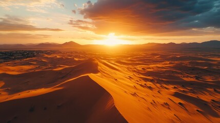 Aerial View of sand dunes at sunset in the Sahara desert, Djanet, Algeria, Africa.