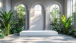 © julija - classical romaninspired product display with fluted columns minimalist white podium lush green plant timeless elegance meets modern aesthetics