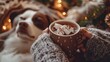 © fotofabrika - Enjoying a cozy evening with hot chocolate and a loyal dog by the warm glow of string lights
