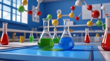 Three beakers filled with colored liquids in a science laboratory setting. The beakers are on a blue table with other beakers and a molecular model in the background.