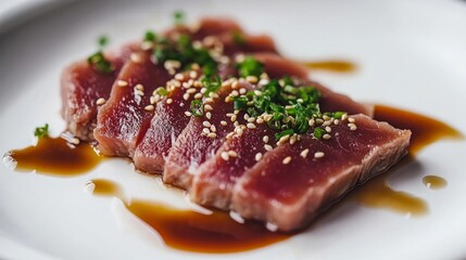 Wall Mural - a dish featuring thinly sliced tuna and topped with sesame seeds. The food is arranged in an aesthetically pleasing way on a white plate.