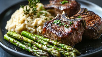 Canvas Print - A plate of asparagus risotto and lamb chops. The asparagus has a slight burn on it and is soft.