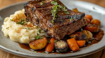 Wall Mural - a plate of meat served with vegetables and mashed potatoes on the side. The veggies are roasted, and the meat is expertly prepared and seasoned.