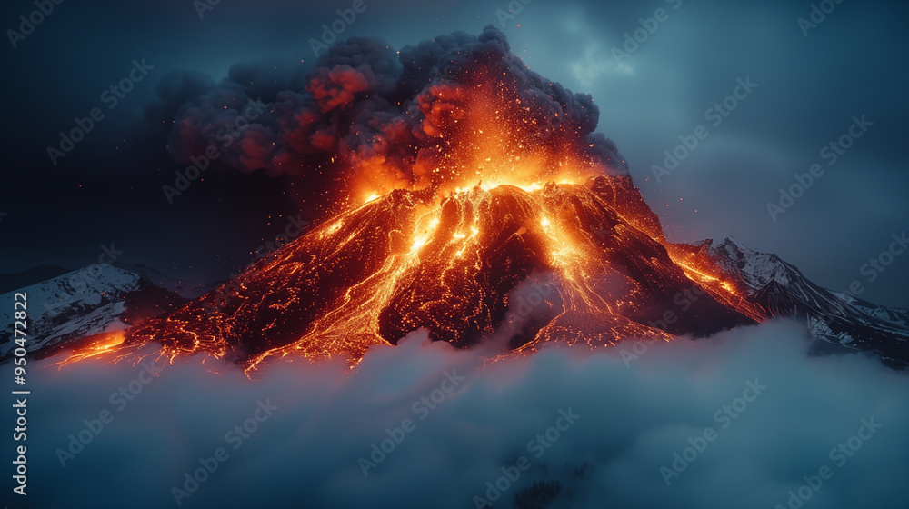 Volcanic eruption illuminates night sky with fiery lava flows. Concept ...