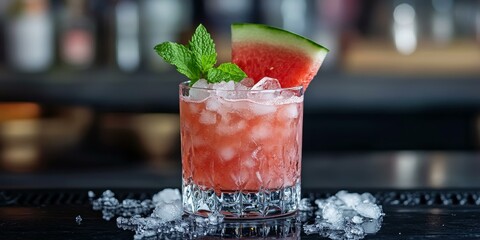 Wall Mural - Watermelon cocktail with mint and ice.