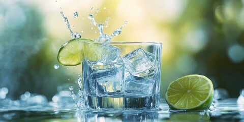 Wall Mural - A glass of water with ice and lime.