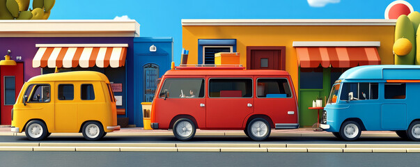 Three colorful vans parked in front of shops.