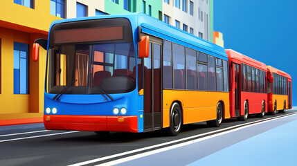 A blue and yellow bus drives down a city street, followed by two other buses in red.