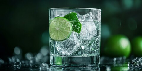 Wall Mural - Lime and ice in a glass of water.