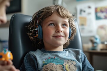 A young boy with a cheerful smile is wearing a headset in an indoor setting, possibly engaging in a game or activity, embodying joy and the spirit of childhood.