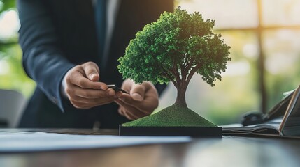 A businessman or conservationist is placing a tree model on a table. This image can represent the concept of nature conservation or a business related to carbon credits. 