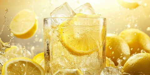 Wall Mural - Lemonade with ice in a glass, lemons and water splashes.