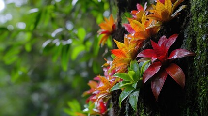 Vibrant Bromeliads Adorn a Lush Tree Trunk