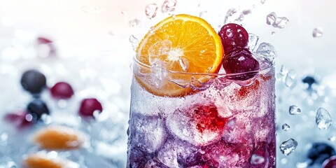 Sticker - Citrus and berry beverage with ice and water splashes.