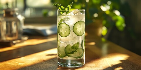 Wall Mural - A refreshing cucumber and mint drink with ice.