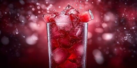 Wall Mural - Red drink in a glass with ice and water droplets.