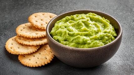 Bowl of fresh guacamole with a side of whole grain crackers, brain-boosting snack, healthy and delicious