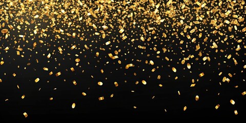 Gold shiny confetti falling on a black background, celebration, festive, party, decoration, metallic, sparkly, bright, glitzy, luxury