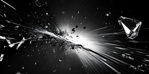 Wall Mural - abstract black and white image of metal shards exploding on a dark background, artwork of metallic f