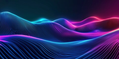 Wall Mural - abstract art with glowing neon waves in blue and pink tones set against a starry night background, d