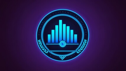 Wall Mural - A glowing blue neon logo with a bar graph, circle, and wreath on a dark purple background.