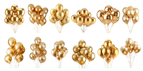 Set of golden balloons tied together in a bunch, isolated on transparent white background