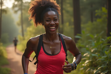 Wall Mural - healthy woman with beautiful smile trail running, marathon, triathlon running, outdoor nature