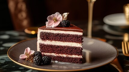 one slice of tasty sweet cake with cream decorated with flower and blackberries, served on plate, on elegant restaurant table