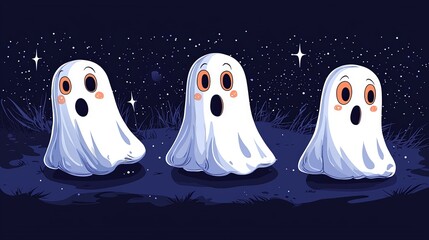 This image features three adorable cartoon ghosts with surprised expressions, standing on a dark, starry night background with a touch of whimsy and fun.