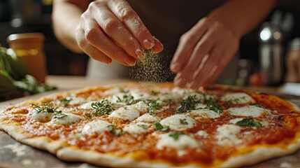 Sticker - Close-up of a woman's hands sprinkling herbs onto a freshly baked pizza, capturing the essence of home-cooked Italian cuisine.