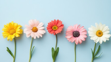 Wall Mural - Colorful daisies isolated on a pale blue background,