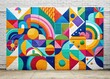 © Adisorn - Vibrant colorful street art mural mockup with abstract shapes and bold typography on a white brick wall, perfect for imaginative branding and design concepts.