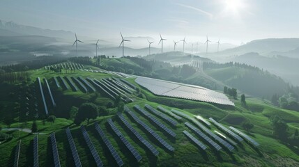 A large field of solar panels with a few wind turbines in the background