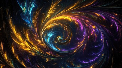 Canvas Print - Digital fractal art depicting a glowing peacock feather swirl in rich yellow, purple, and blue tones,