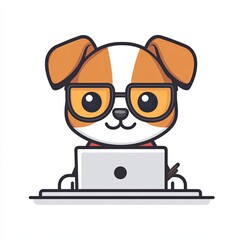 A happy glasses wearing dog sits at a stylish desk focused on a laptop with a pen in paw embodying the joy of having a pet at work while promoting a positive work environment