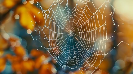 Macro shot of a spider's web covered in morning dew, creating a natural frame with blurred autumn colors behind
