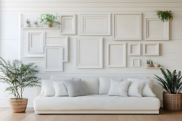 Wall Mural - Empty picture frames on a white wall in modern living room with a modern sofa. Home staging concept mock up
