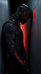 Poster - arafed man in a black leather jacket and a red light