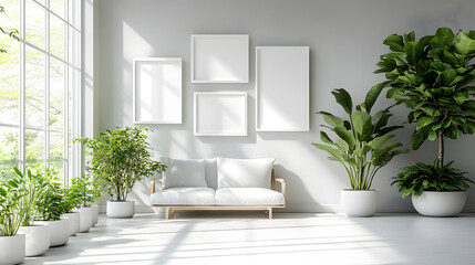 Wall Mural - Empty picture frames on a white wall in modern living room with a modern sofa. Home staging concept mock up
